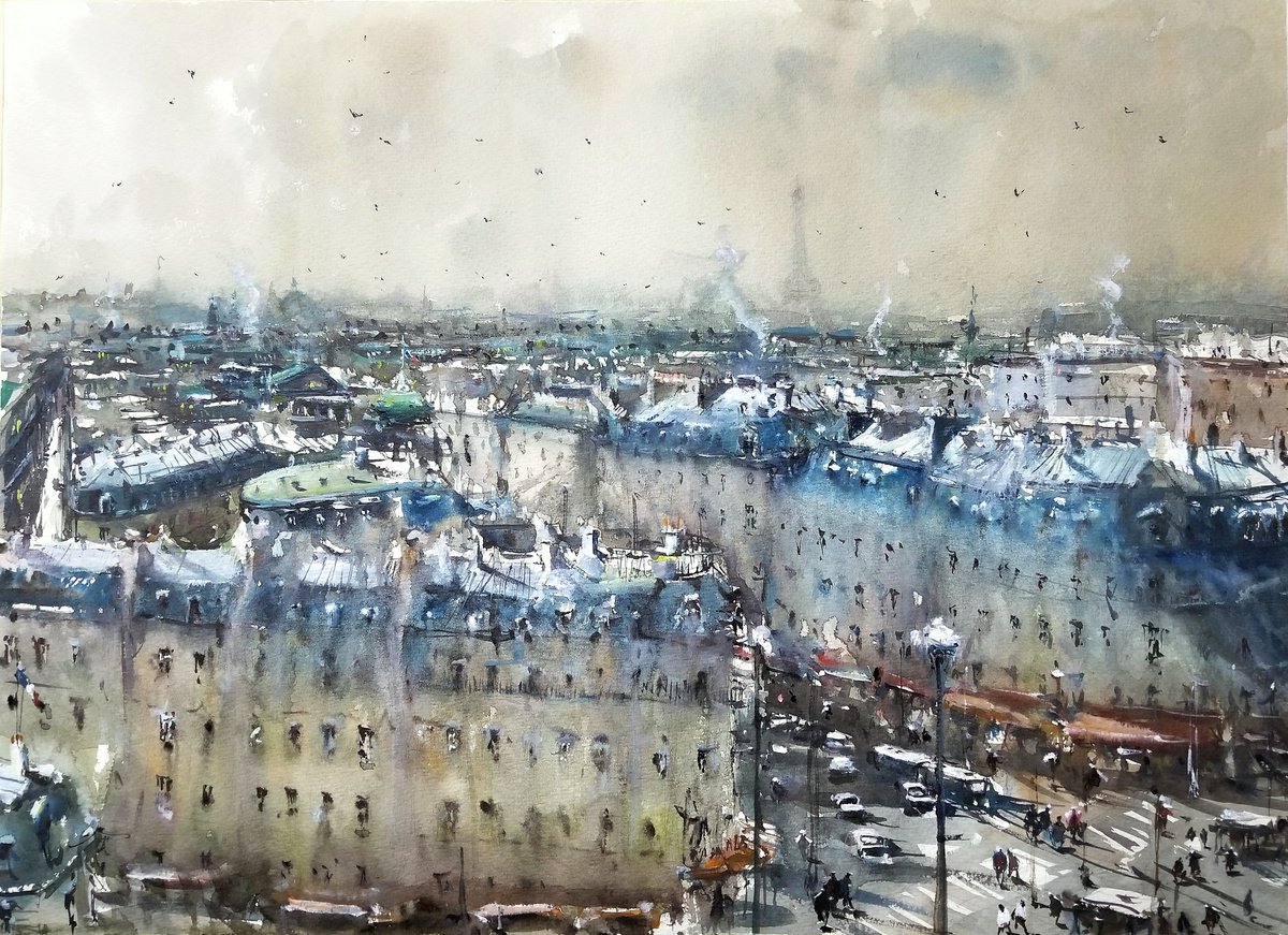 Impressionistic Cityscapes Watercolour By Maximo Damico, 22 X 16", Paris Bird-Eye, Original Artwork