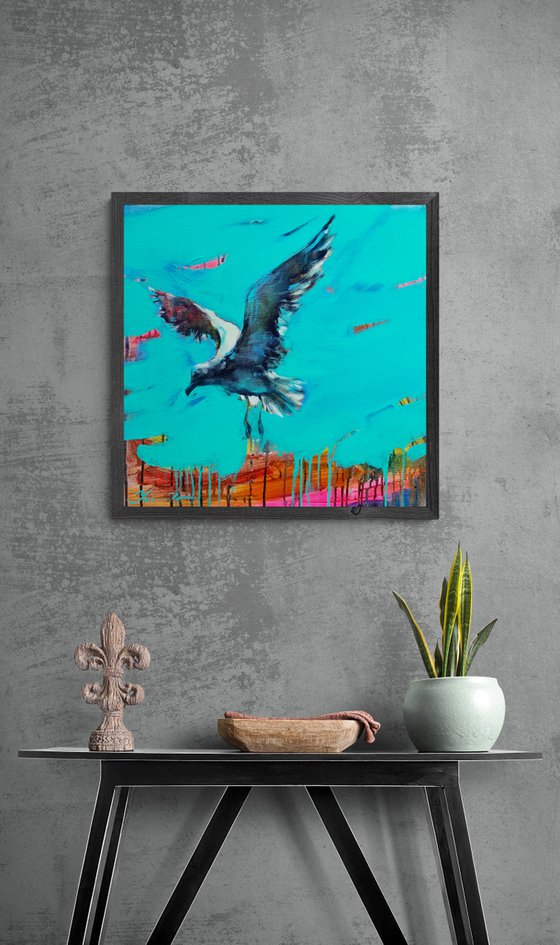 Bright painting - "Near the sea" - Pop Art - Bird - Sea - Ocean - Seagull - Sunset