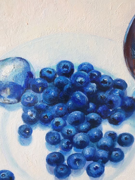 "Slightly sour.  "  still life summer blueberry blue berries  white liGHt original painting  GIFT (2021)