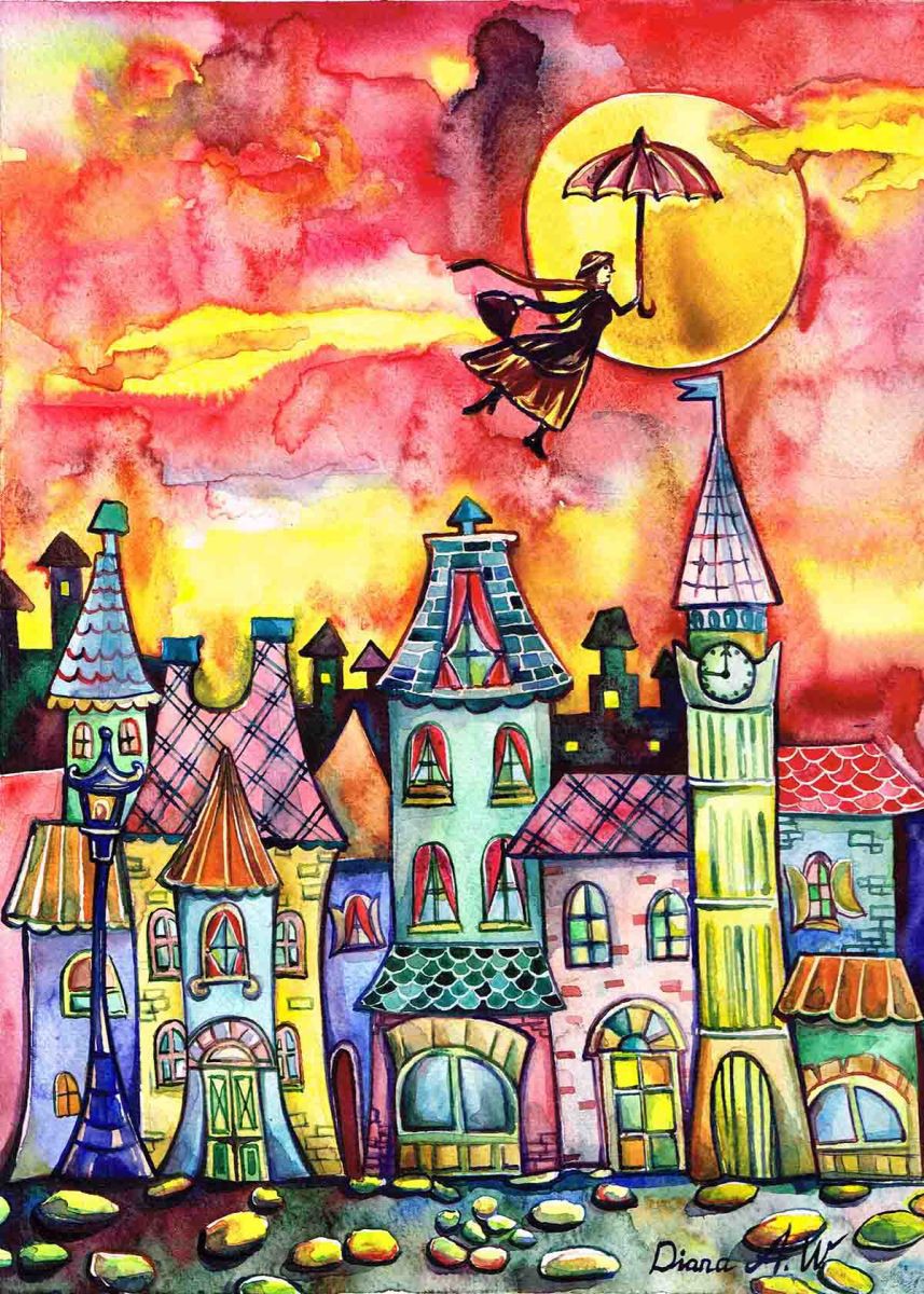 Mary Poppins Above The City Original Paintin Artfinder