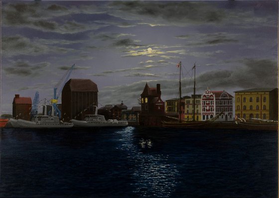 Stralsund harbor in the moonlight