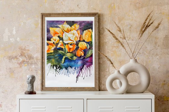 Yellow bougainvillea - expressive original watercolor flower, falling paint