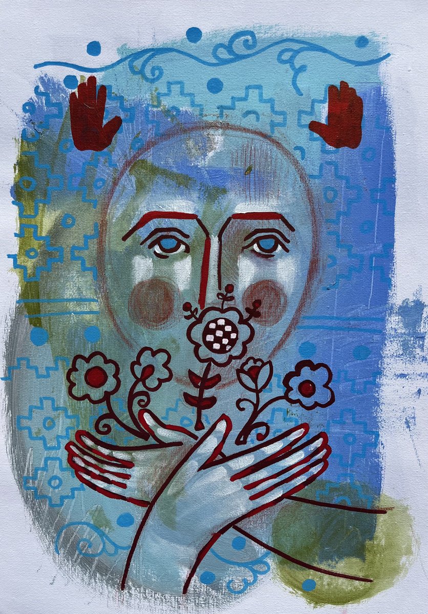 Naive Portrait Acrylic Painting By Yuliia Chaika, 12 X 16", Face With Bouquet Of Flowers, Original Artwork