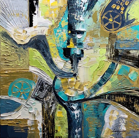 Abstract Painting, Spring Colors, Teal Green Gold, ORIGINAL Textured Modern Textured Palette Knife