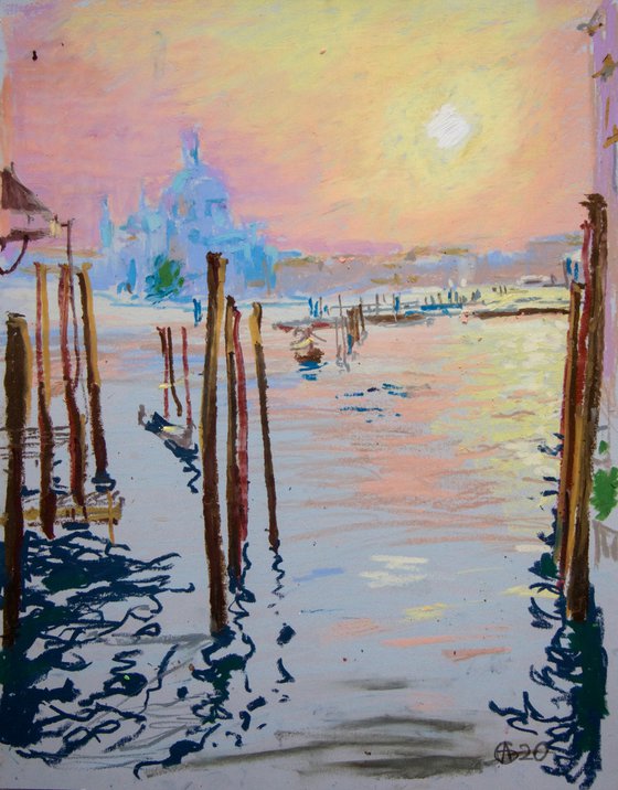 Sunset in Venice. Oil pastel painting. Small interior decor travel gift italy venice shadow original impression sunset