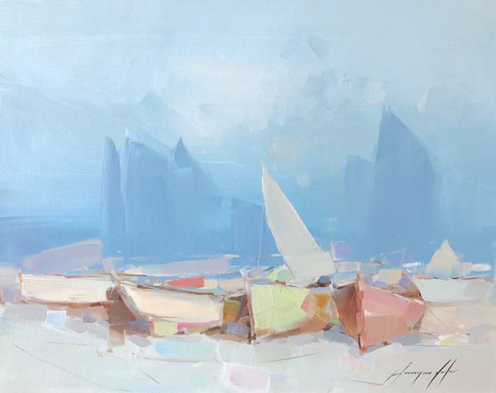 Boats on the Shore, Original oil painting, Handmade artwork, One of a kind