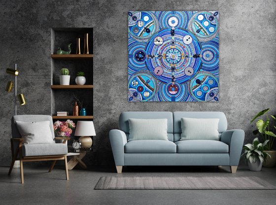 SPACE - decorative wall sculpture of rhinestones, mirrors, crystals. Turquoise blue abstract painting