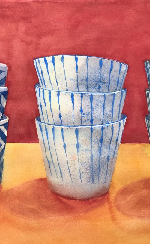 Patterned bowls with a bright background by Krystyna Szczepanowski