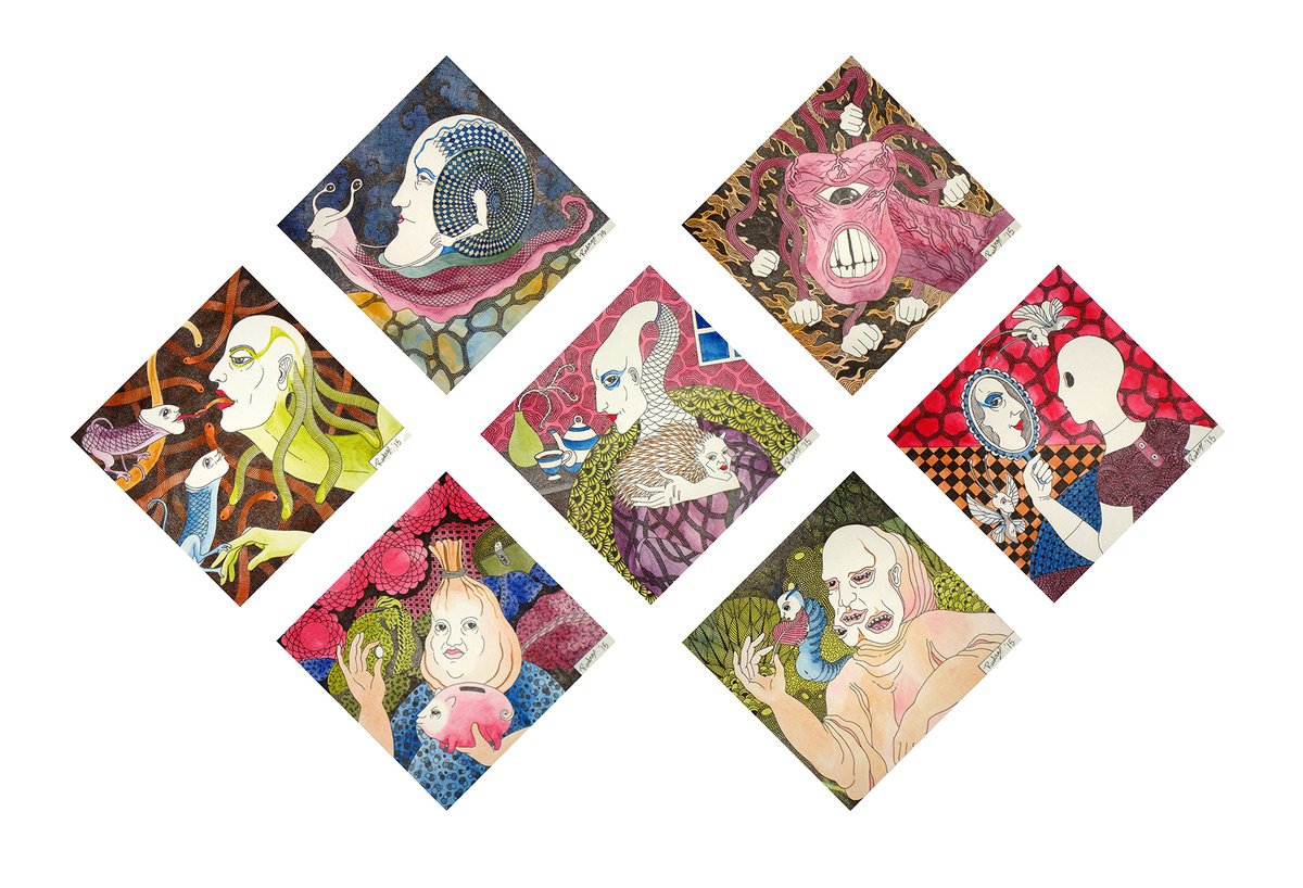 Surrealistic Portrait Painting By Rudra Kishore Mandal, 17 X 17", Guilty As Charged - Seven Sins, Original Artwork