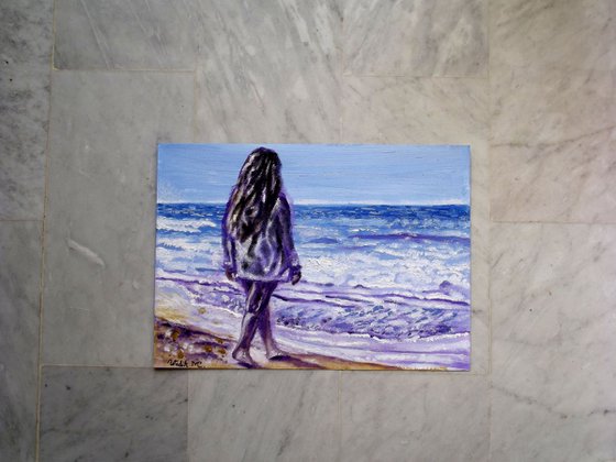 MEETING THE WAVES - SEASIDE GIRL - Thick oil painting - 42x29.5cm