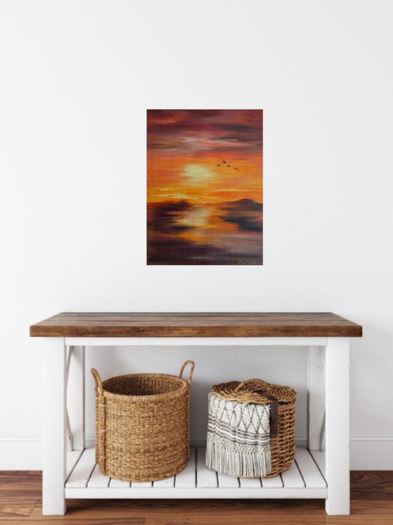 Landscape with Sea Warm Sunset colours  Orange Red Brown