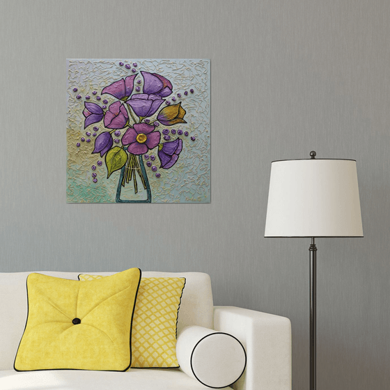 Purple Tulips Painting, Bouquet of Flowers, Modern Textured Floral Art