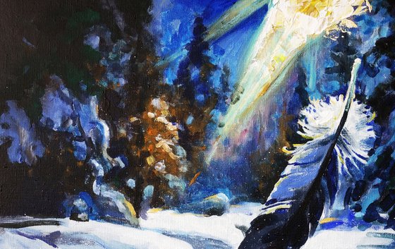 Falling Feather In Winter Forest