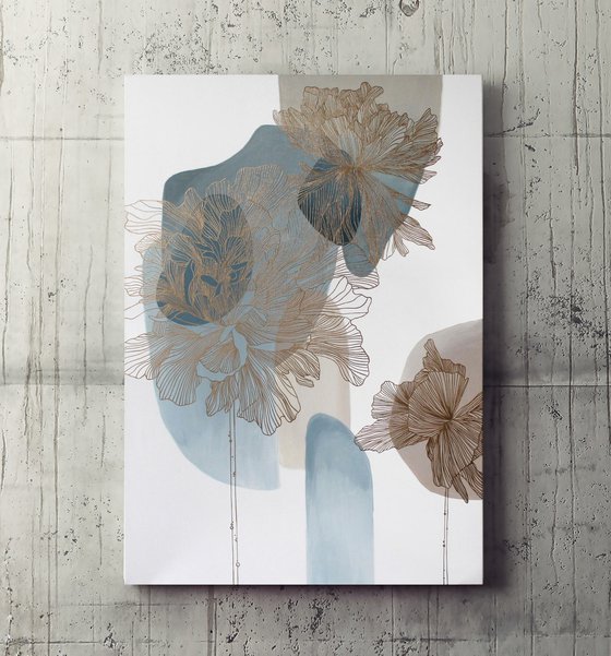 "Thinness 5" Blue gold flowers abstract art
