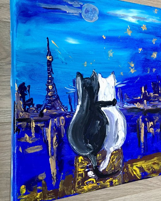 Cats in Paris. Parisian roofs , romantic evening. Palette knife painting.
