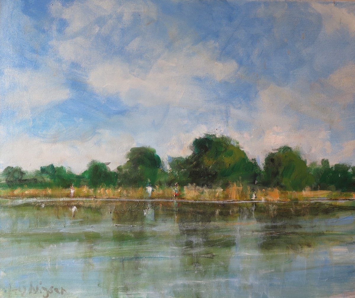 Impressionistic Landscape Oil Painting By Malcolm Ludvigsen, 24 X 20", The River Ouse, July 4, Original Artwork