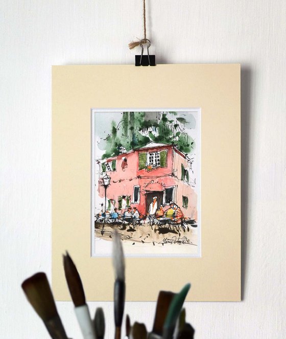 Parisian scene cafe, watercolour painting.