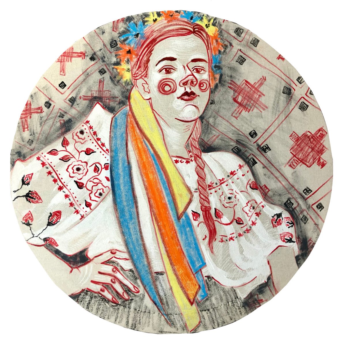 Naive Portrait Acrylic Painting By Yuliia Chaika, 20 X 20", «You Caught My Eye» Folk Ukrainian, Original Artwork