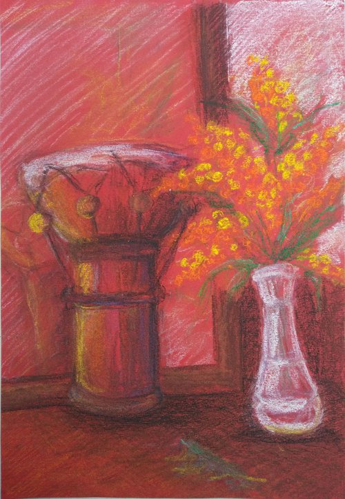 flowers and tam-tam drum in red by Sara Radosavljevic