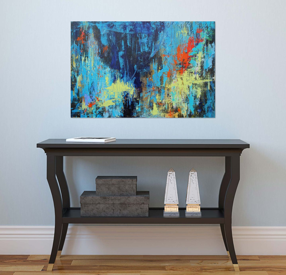 Large Abstract Landscape Painting. Blue, Red, Teal, Brown. Modern Textured Art