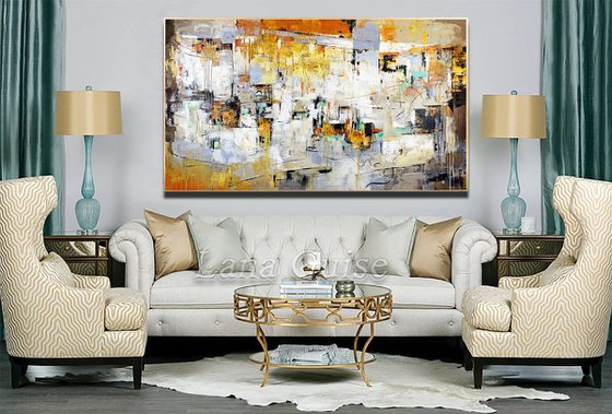 Most of All - Extra Large Oversize Abstract Painting 71" x 40" , Gray Yellow Gold Leaf Soft Colors White Gray Painting