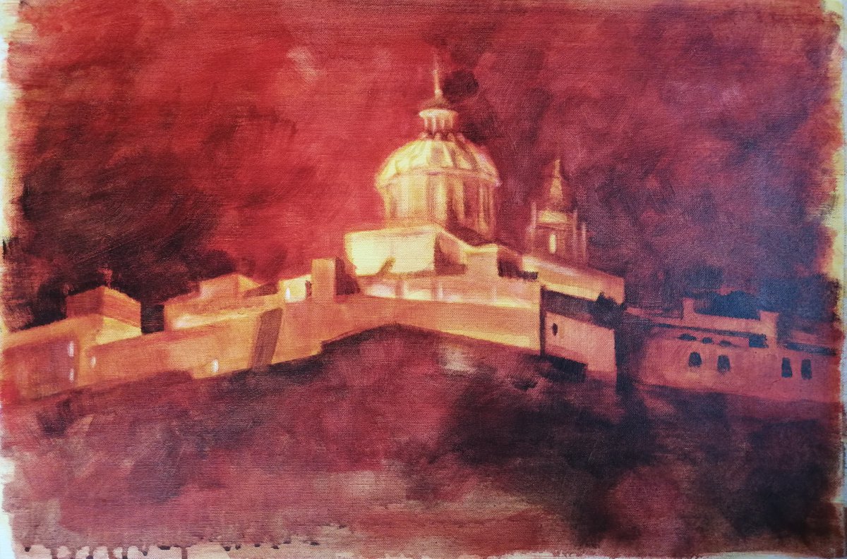 Urban And Pop Cityscapes Acrylic Painting By Olga David, 23 X 16", Mdina By Night, Urban Landscape, Malta, Original Artwork