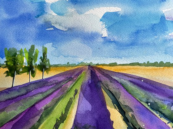 Lavender Original Watercolor Painting, Large Landscape Artwork, Purple Wall Art, France Picture