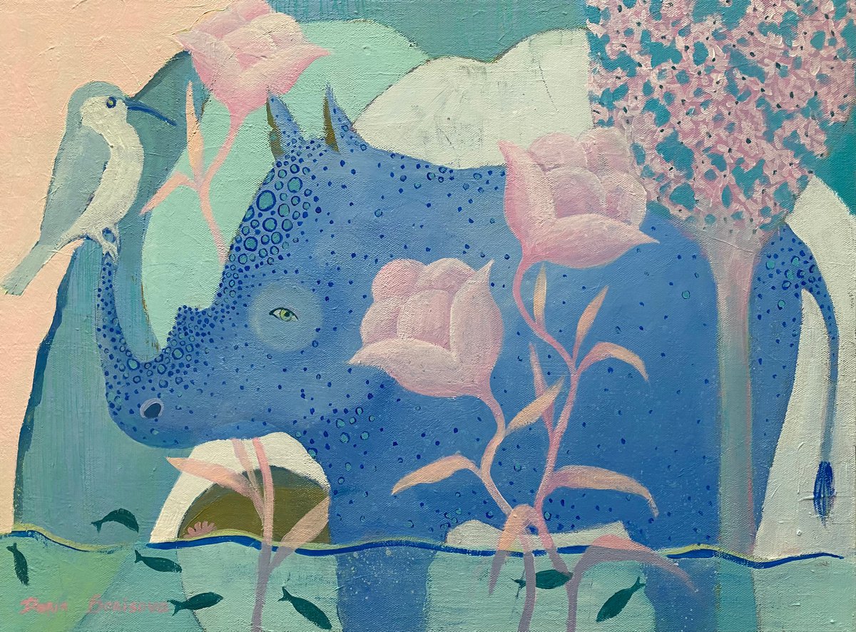 Surrealistic Animal Acrylic Painting By Daria Borisova, 24 X 18, Blue Rhino., Original Artwork