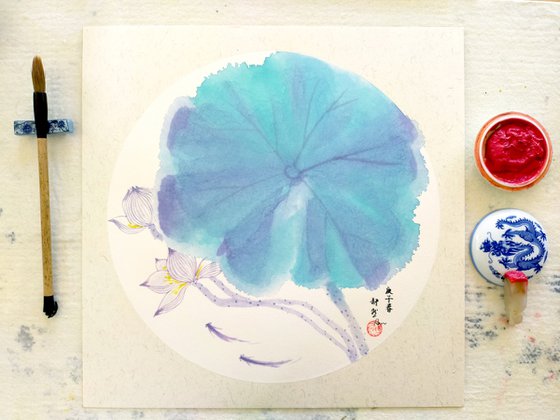 RAN ART - Chinese painting 38*38cm - Bleu Lotus leaf with flowers
