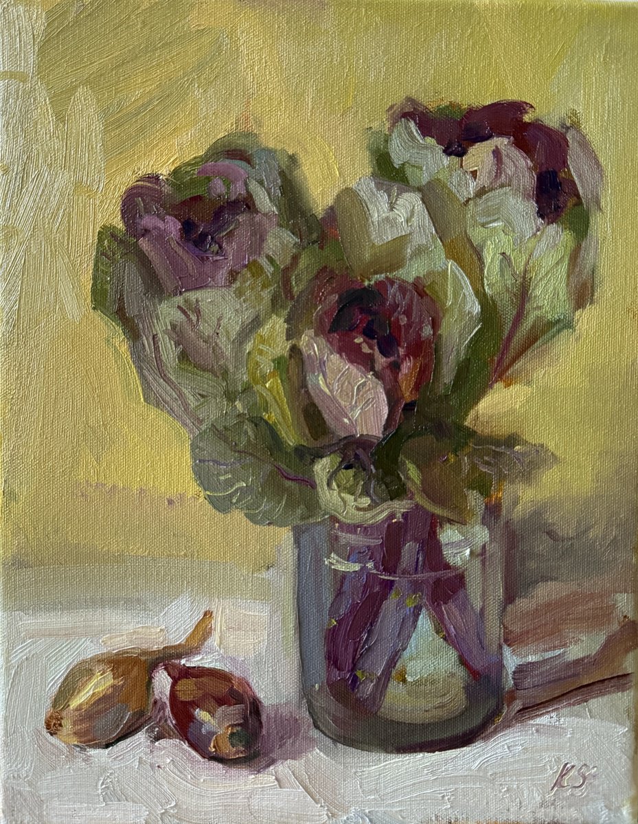 Impressionistic Botanical Oil Painting By Kate Sosonna, 10 X 14", Kale And Onions, Original Artwork