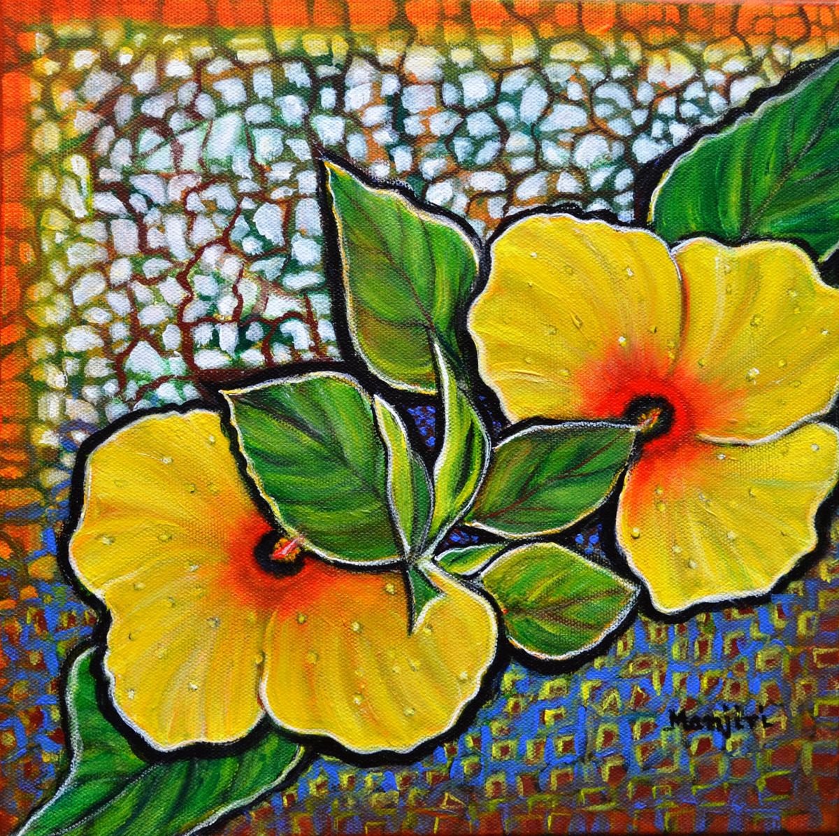 Yellow Hibiscus a decorative painting with mosaic style on sale by Manjiri Kanvinde