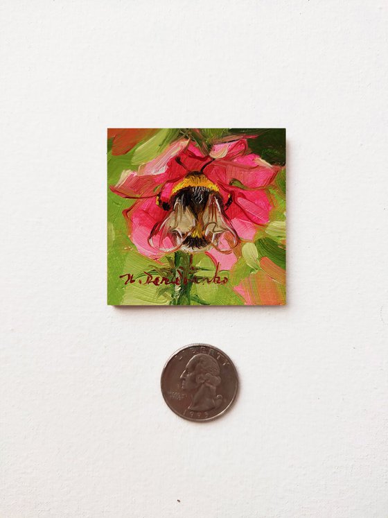 Bumblebee art oil painting original 2x2, Bee artwork green pink in gold blue frame, Honey bee wall art tiny, Dad gift