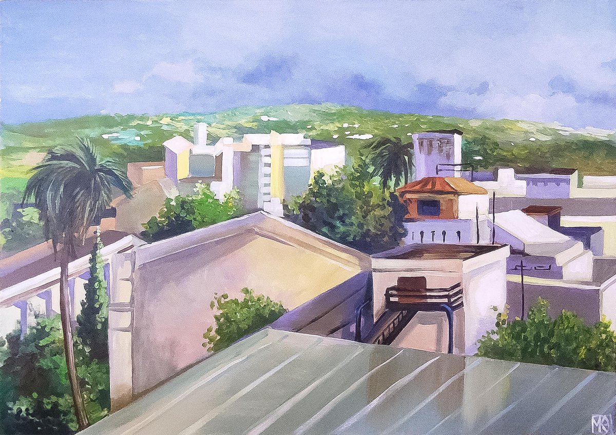 Impressionistic Landscape Acrylic Painting By Maria Kireev, 39 X 28", Afternoon Rooftops Of Tel Aviv, Original Artwork