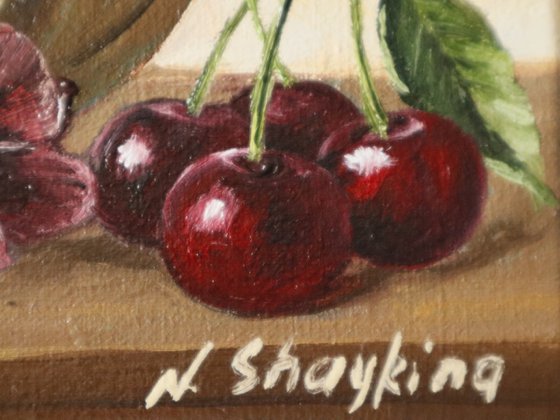 Pansies in Rustic Jug with Cherries