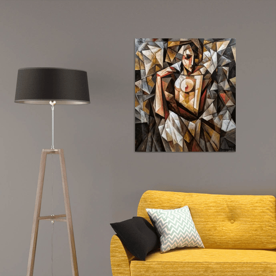In front of the mirror (80x90cm, cubism, oil painting, ready to hang)