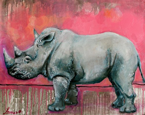 rhinoceros painting, wildlife art, african wildlife painting "Still Young" by Lena Navarro
