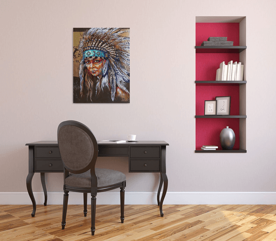 Portrait native american woman - portrait abstract girl, headdress feathers birds