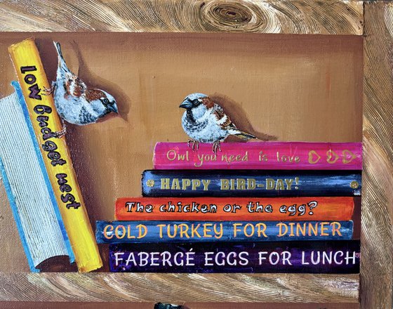 Bookshelf with birds