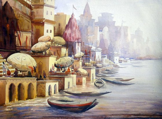 Varanasi Ghat at Morning - Watercolor Painting