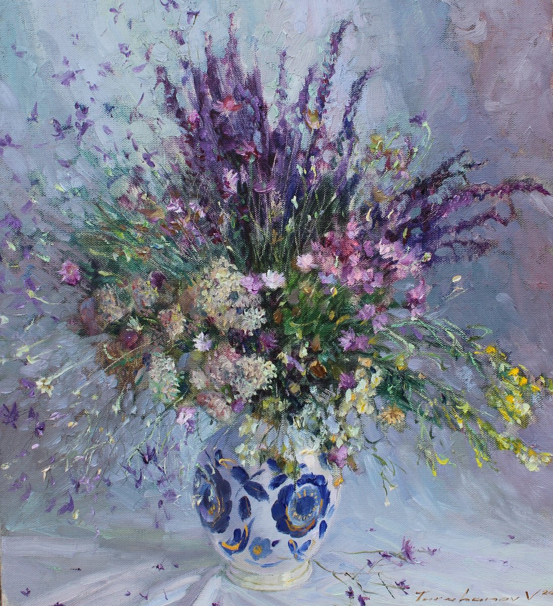 Impressionistic Botanical Oil Painting By Volodymyr Tarabanov, 18 X 20", Wildflowers On Blue, Original Artwork