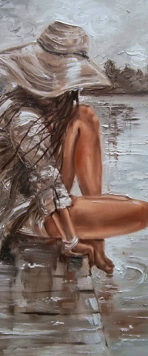 " THE LAKE OF MEMORIES ... "- SEA SAND liGHt  ORIGINAL OIL PAINTING, GIFT, PALETTE KNIFE by Monika Luniak