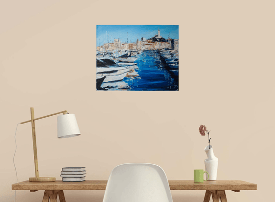 Marseille. Original oil painting from the harbor. Sea france blue Mediterranean boats ships white landscape seascape