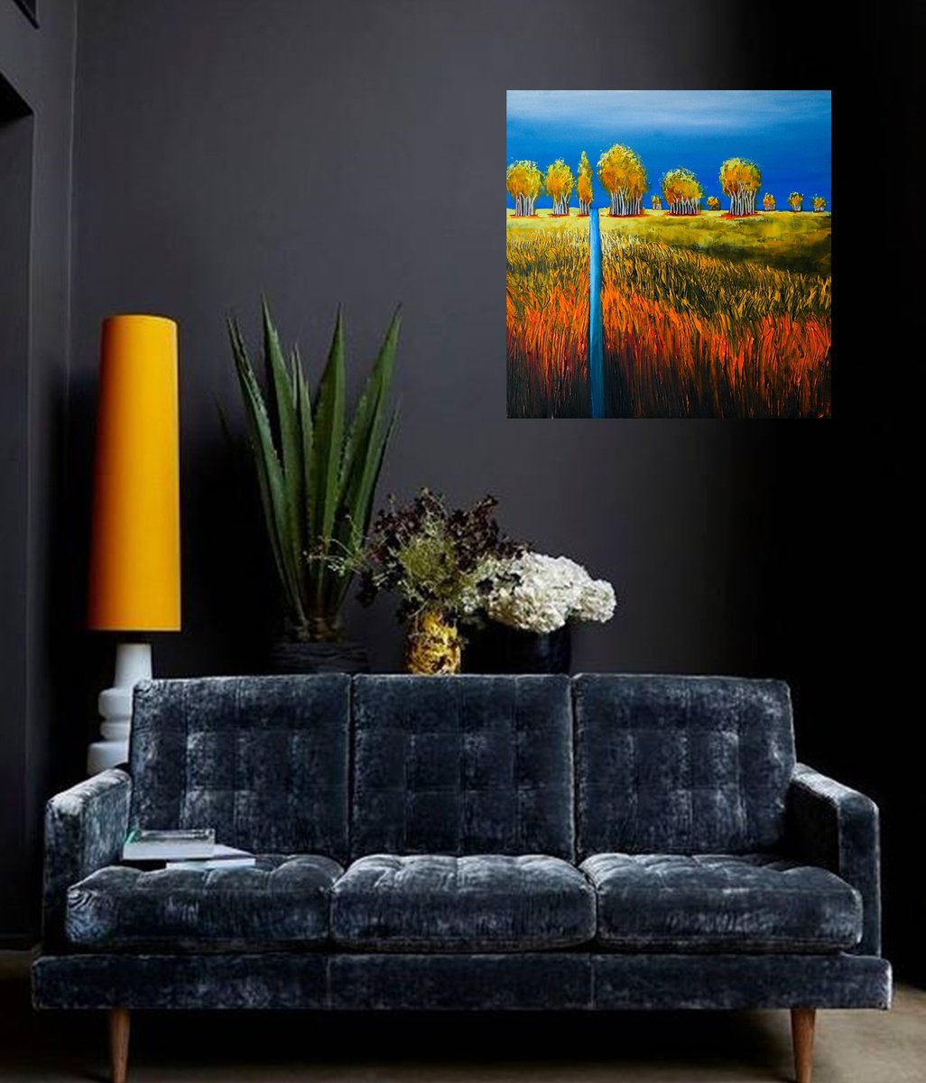 Impressionistic Landscape Acrylic Painting By Danijela Dan, 24 X 24, The Yellow Trees, Original Artwork