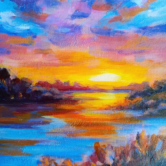 Sunset on the river Impressionistic landscape