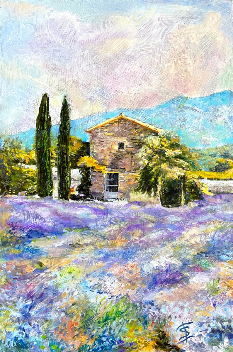 Impressionistic Landscape Oil Painting By Elvira Sesenina, 8 X 12, ?ypresses And A Small House, Original Artwork