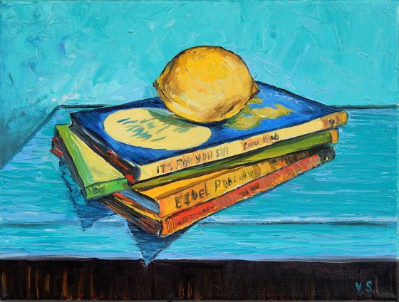 Lemon and books. Still life. 30x40cm