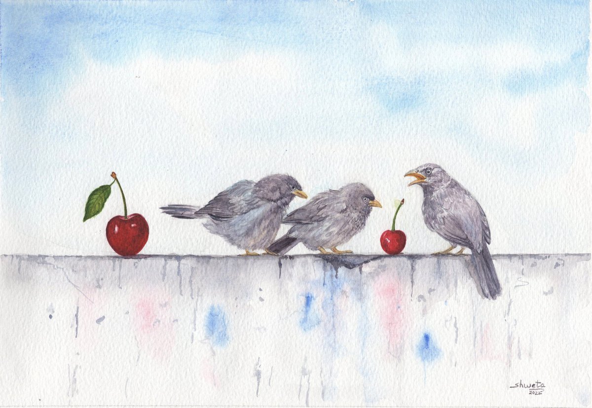 Babbler birds and the two cherries watercolor painting by Shweta Mahajan