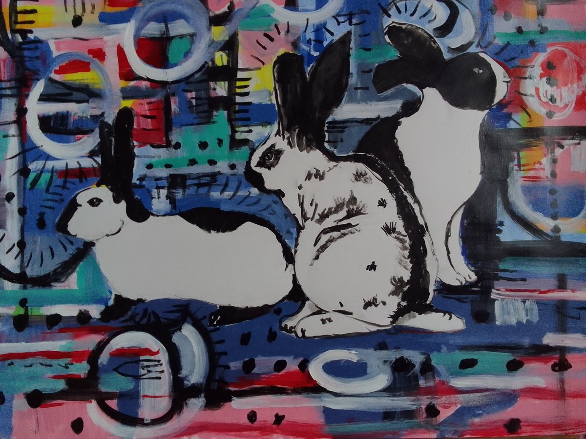 Abstract Animal Acrylic Painting By Soso Kumsiashvili, 33 X 24", Rabbit, Original Artwork
