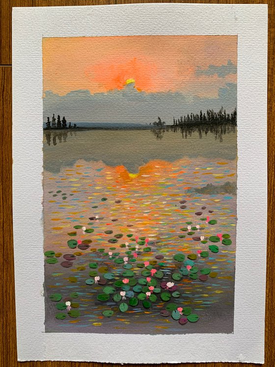 Water lily pond at sunrise ! A4 size Painting on paper