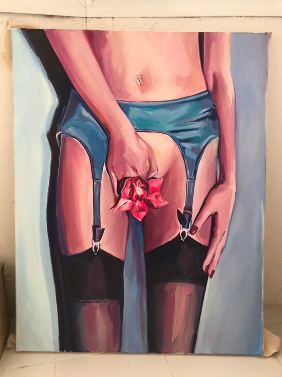 FLOWER - erotic art, original oil painting, naked woman, home decor
